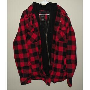 CQR Men’s XL LS Quilted Lined Zipper Shirt Jacket Shacket Red Black Plaid Hood